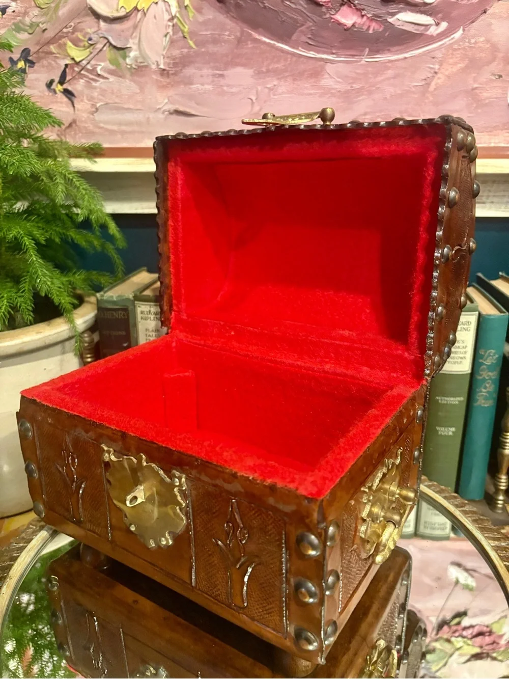 Vintage Brown Leather Jewelry Trunk with Brass Hardware